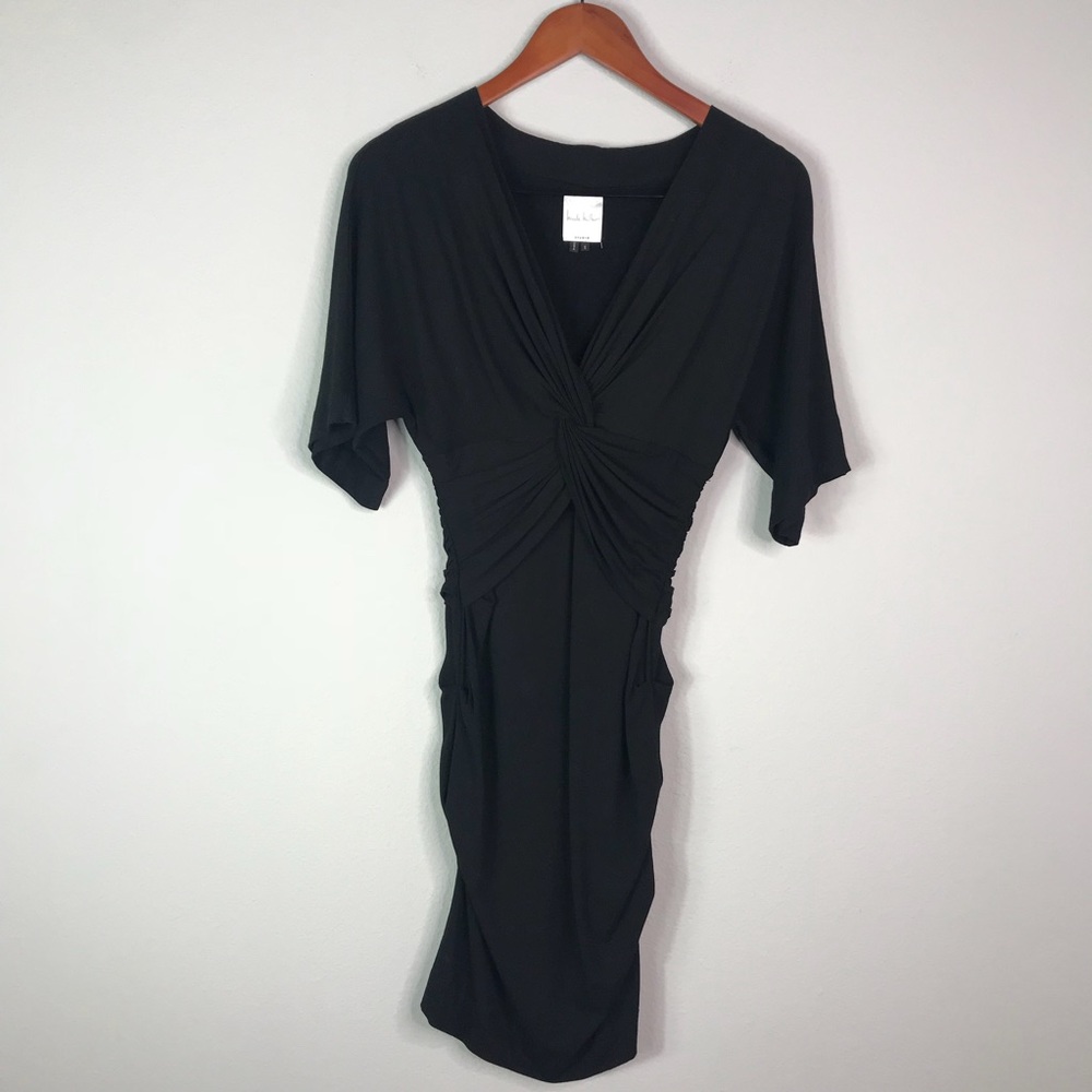 NICOLE MILLER | Black Ruched V Neck Cocktail Dress